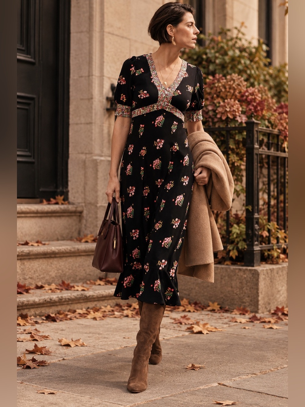 Boden Eva Jersey Midi Dress Black Floral Size 6P